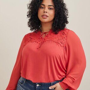 Torrid - Super Soft Chiffon Sleeve Lace Inset Tie Detail Top in Baked Apple‌‌‌